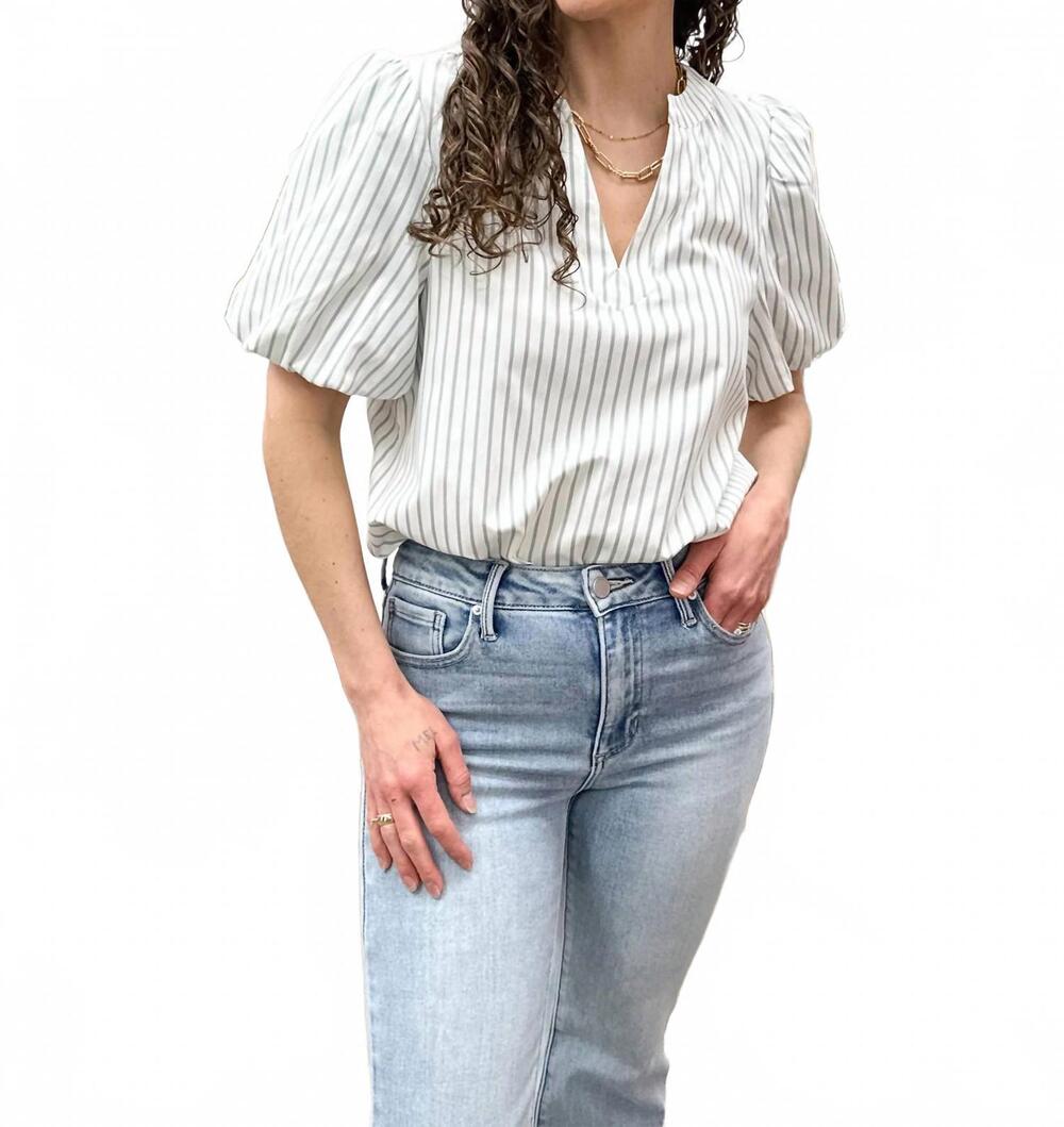 NEW STACCATO striped puff sleeve blouse in sage & white